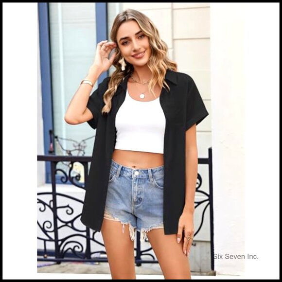 Short Sleeve Button Down Shirt V Neck Blouse with Pocket Loose Fit - Picture 2 of 7